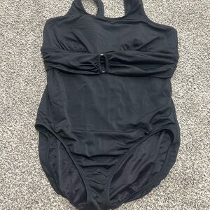 Lands' End Women's Black Swimsuit One Piece Size 16 Long Rouched Slimming Modest